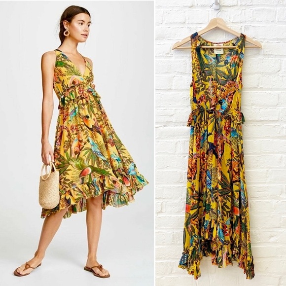 FARM Rio Dresses & Skirts - Farm Rio || Into The Wild Jungle Print Midi Dress Crepe‎ Ruffle Yellow Small